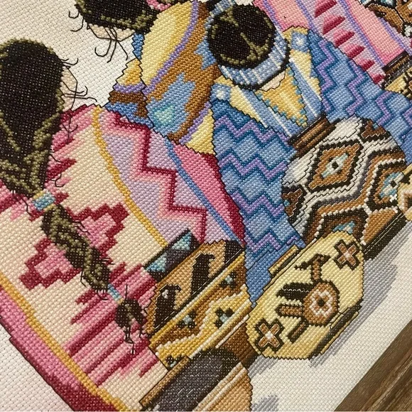 VTG 1996 Cross Stitch Native American Women & Pottery Antique Barn Board Frame